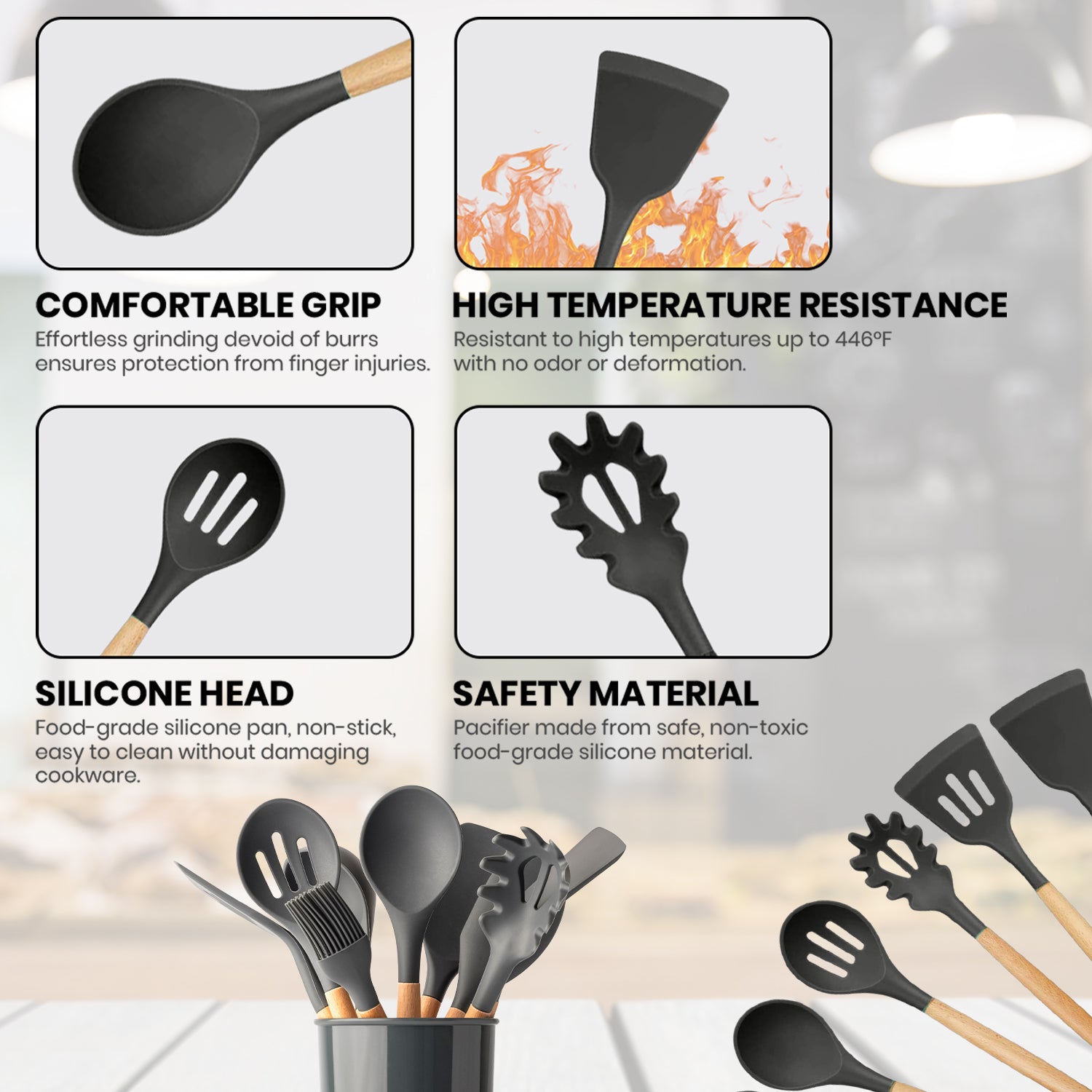 12-Piece:Non-Slip Wooden Handle Silicone Kitchen Utensils Cookware Set with Organizer Bucket Holder