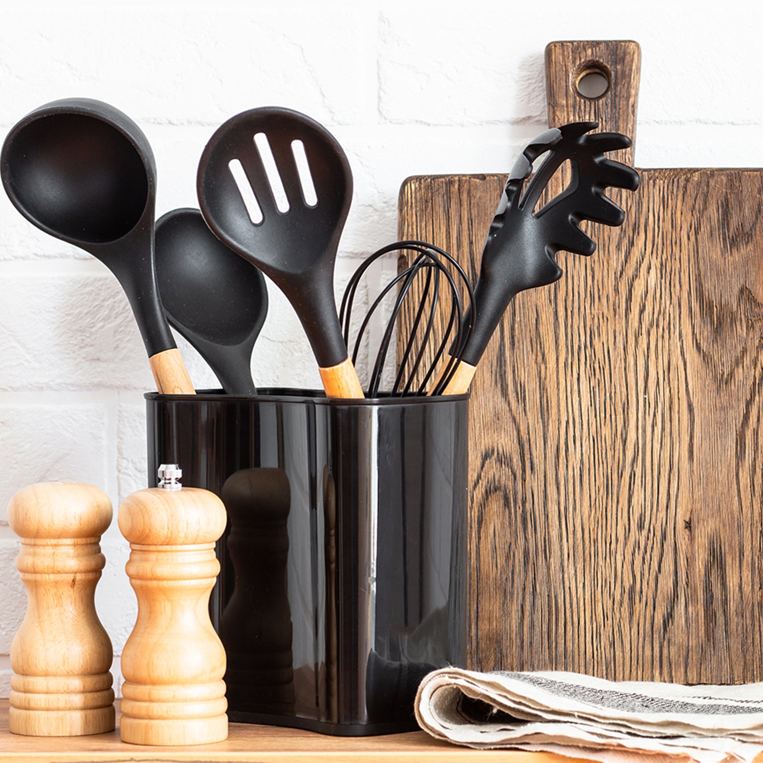 12-Piece:Non-Slip Wooden Handle Silicone Kitchen Utensils Cookware Set with Organizer Bucket Holder