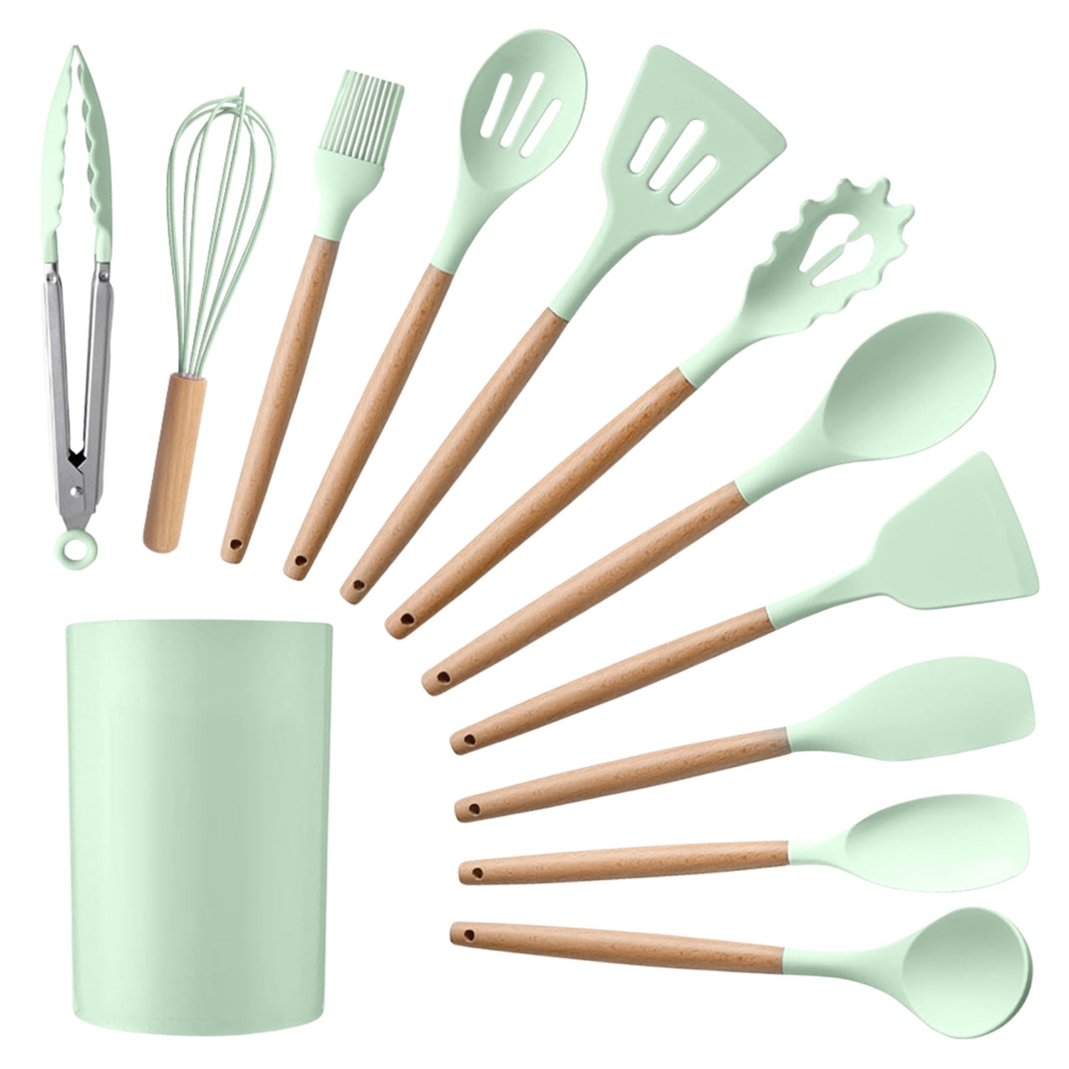 12-Piece:Non-Slip Wooden Handle Silicone Kitchen Utensils Cookware Set with Organizer Bucket Holder