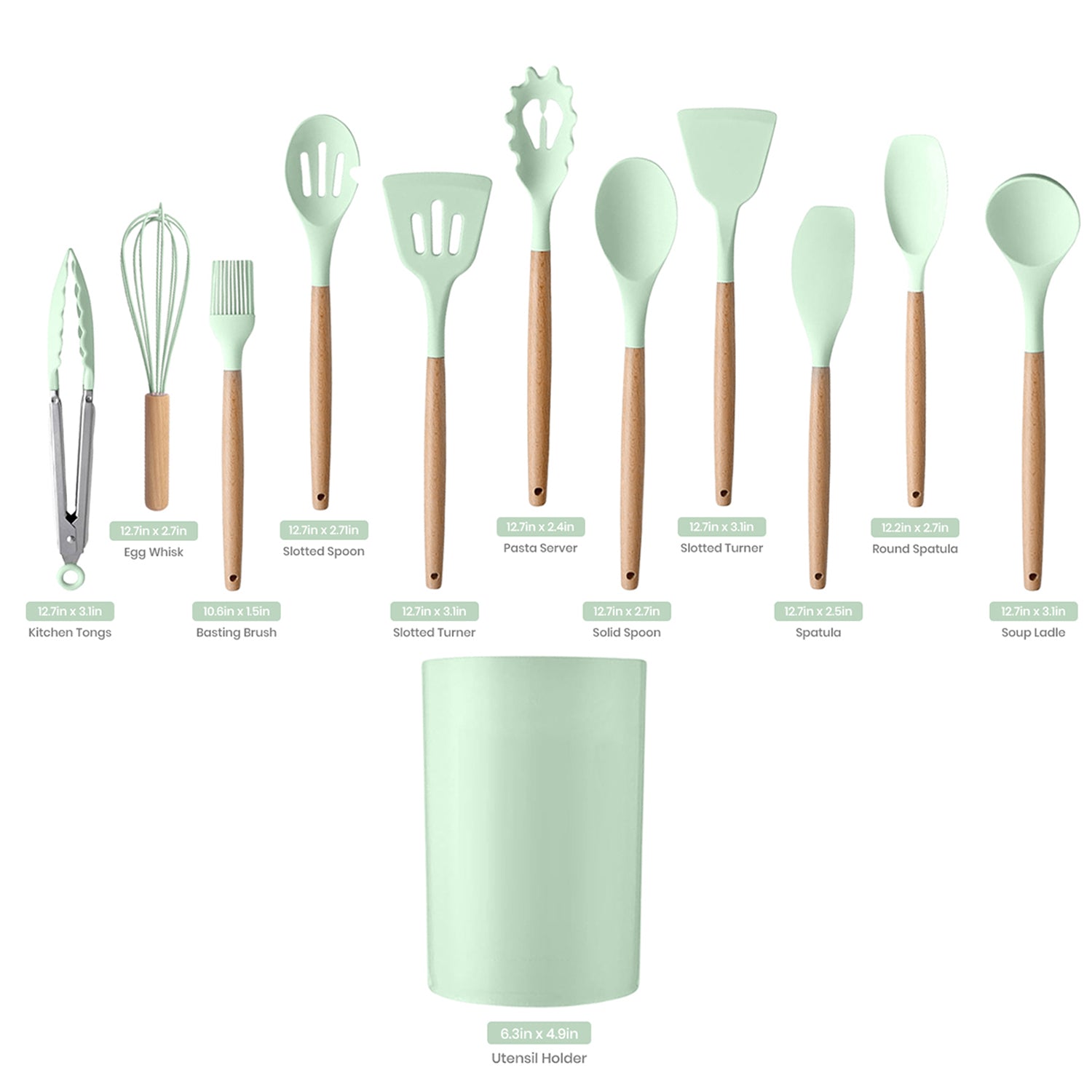 12-Piece:Non-Slip Wooden Handle Silicone Kitchen Utensils Cookware Set with Organizer Bucket Holder