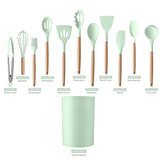 12-Piece:Non-Slip Wooden Handle Silicone Kitchen Utensils Cookware Set with Organizer Bucket Holder