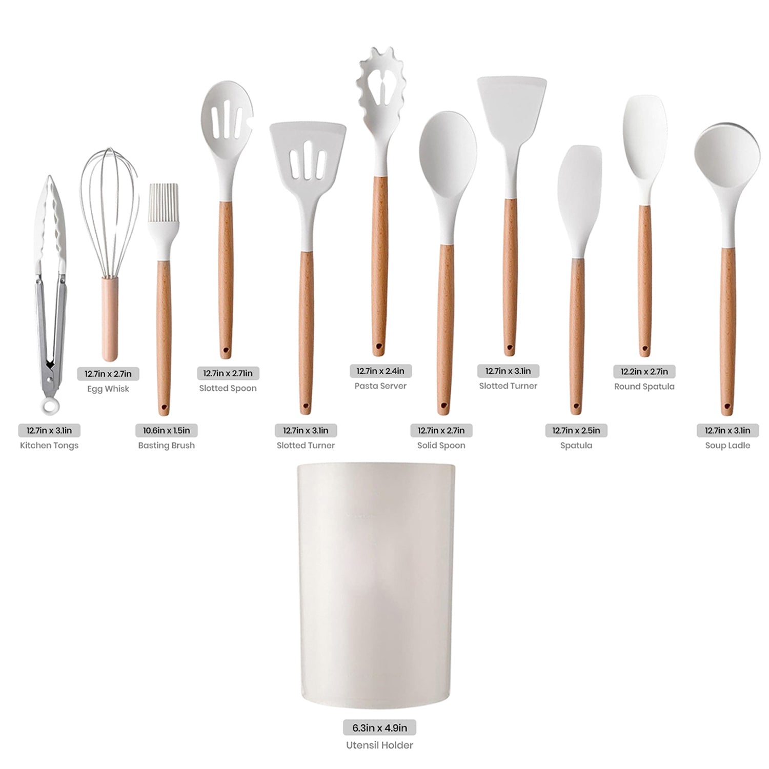 12-Piece:Non-Slip Wooden Handle Silicone Kitchen Utensils Cookware Set with Organizer Bucket Holder