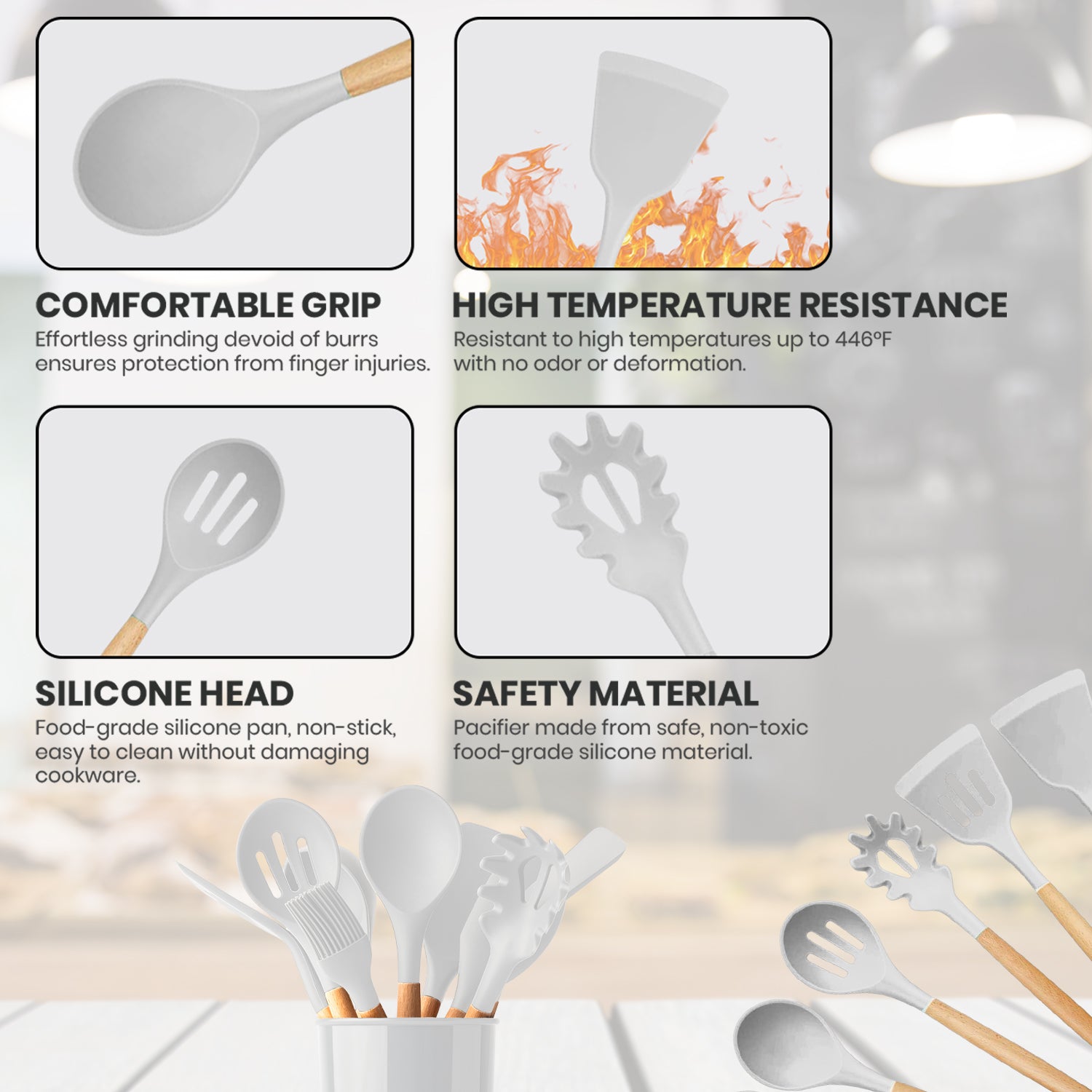 12-Piece:Non-Slip Wooden Handle Silicone Kitchen Utensils Cookware Set with Organizer Bucket Holder