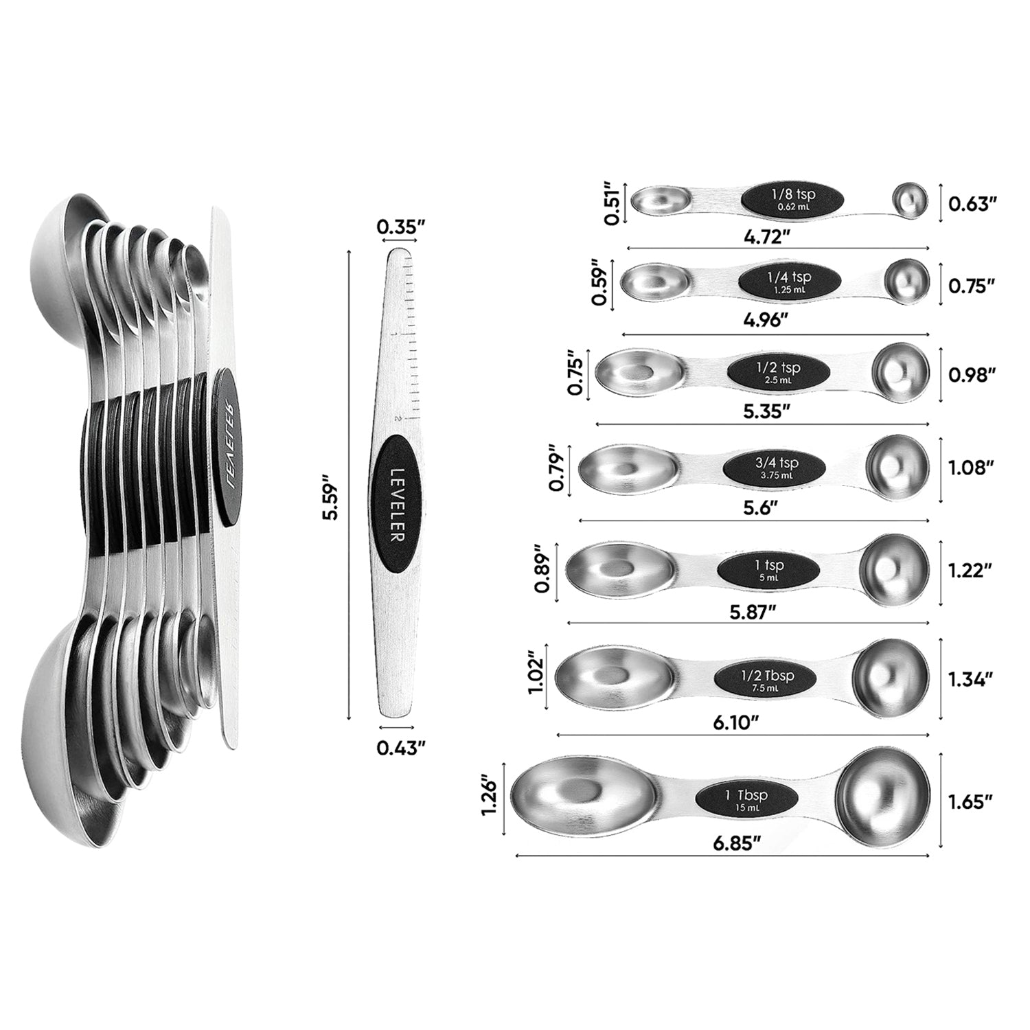 7-Piece: Double Sided Stackable Magnetic Measuring Spoons Set with Leveler