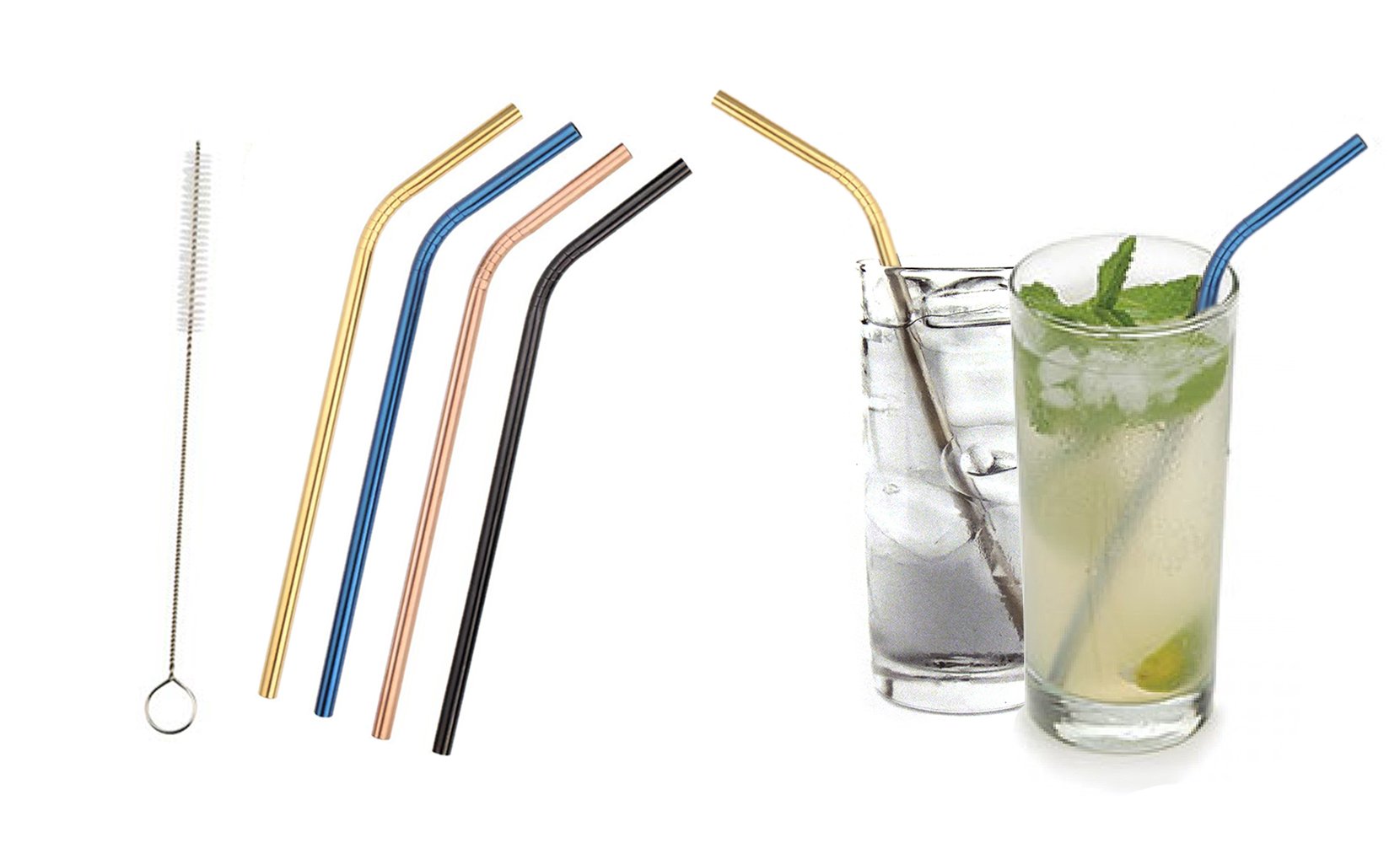 Colored Platinum Stainless Steel Straws With Brush Set (5-Pack or 10-Pack)