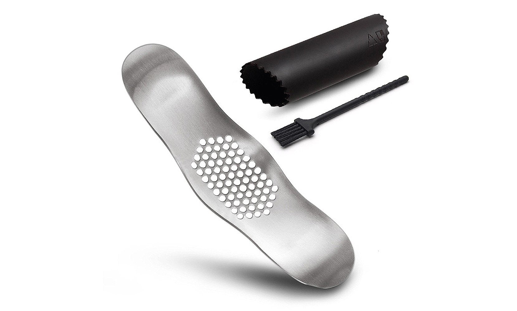 Stainless Steel Garlic Crusher Press and Peeler with Cleaning Brush (3-Piece Set)