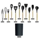 12-Piece:Non-Slip Wooden Handle Silicone Kitchen Utensils Cookware Set with Organizer Bucket Holder