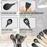 12-Piece:Non-Slip Wooden Handle Silicone Kitchen Utensils Cookware Set with Organizer Bucket Holder