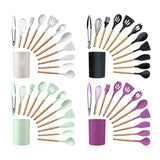 12-Piece:Non-Slip Wooden Handle Silicone Kitchen Utensils Cookware Set with Organizer Bucket Holder