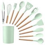 12-Piece:Non-Slip Wooden Handle Silicone Kitchen Utensils Cookware Set with Organizer Bucket Holder