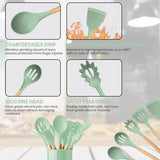 12-Piece:Non-Slip Wooden Handle Silicone Kitchen Utensils Cookware Set with Organizer Bucket Holder