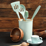 12-Piece:Non-Slip Wooden Handle Silicone Kitchen Utensils Cookware Set with Organizer Bucket Holder