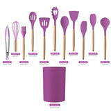 12-Piece:Non-Slip Wooden Handle Silicone Kitchen Utensils Cookware Set with Organizer Bucket Holder
