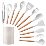 12-Piece:Non-Slip Wooden Handle Silicone Kitchen Utensils Cookware Set with Organizer Bucket Holder