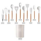 12-Piece:Non-Slip Wooden Handle Silicone Kitchen Utensils Cookware Set with Organizer Bucket Holder