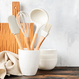 12-Piece:Non-Slip Wooden Handle Silicone Kitchen Utensils Cookware Set with Organizer Bucket Holder