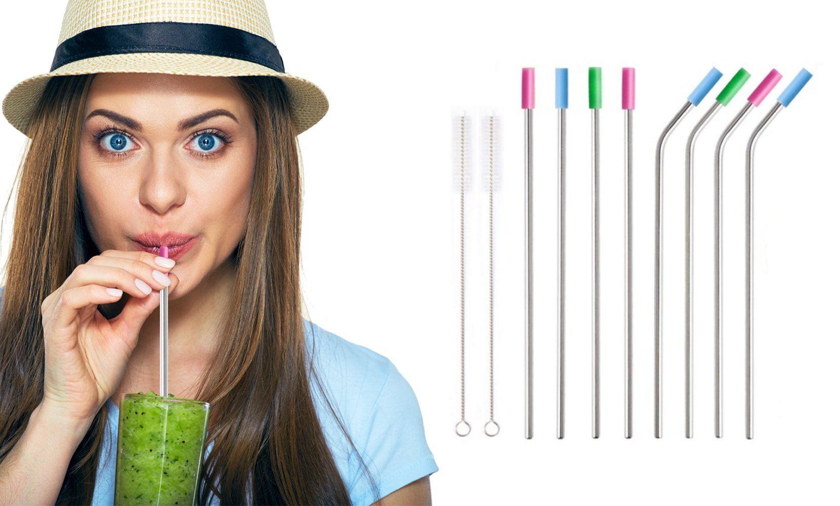 Stainless Steel Extra Wide Drinking Straws with Colored Silicone Tops (10 or 20-Pack)